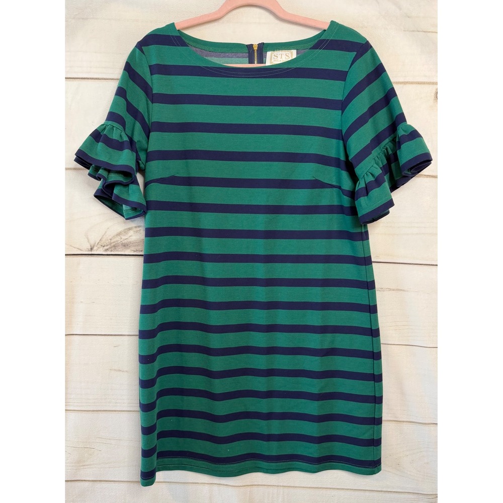 Sail to Sable Womens Striped Ruffle Sleeve Shift Dress Green Navy Blue Size L